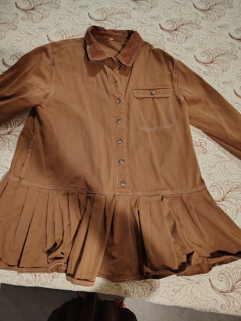 Free People Brown Pleated-Hem Button Front Jean Jacket - Picture 1 of 1